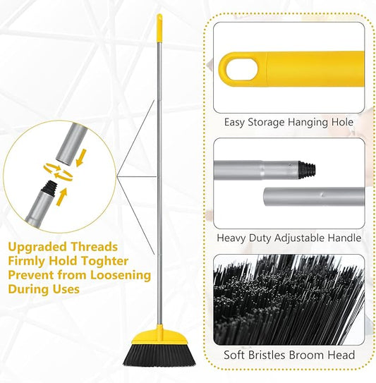 Broom for Hardwood Floors Indoor Sweeping Brooms with Soft Bristles and 55” Long Handle for Tile Laminate Deck Hard Floor Cleaning-Yellow