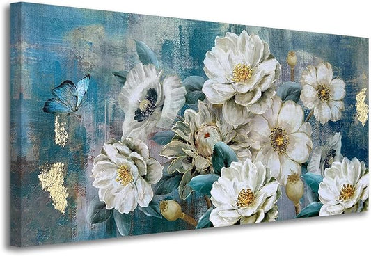 Arjun Big Size Flowers Canvas Wall Art for Bedroom, White Elegant Teal Picture, Textured Floral Magnolia Painting Living Room Wall Decor Turquoise Large Artwork Dining Room Home Office 58"x29"