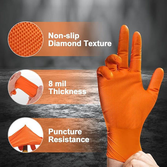 PROMEDIX P Heavy Duty Nitrile Disposable Gloves,8-mil Orange,Raised Diamond Texture Work Gloves,Industrial Work gloves