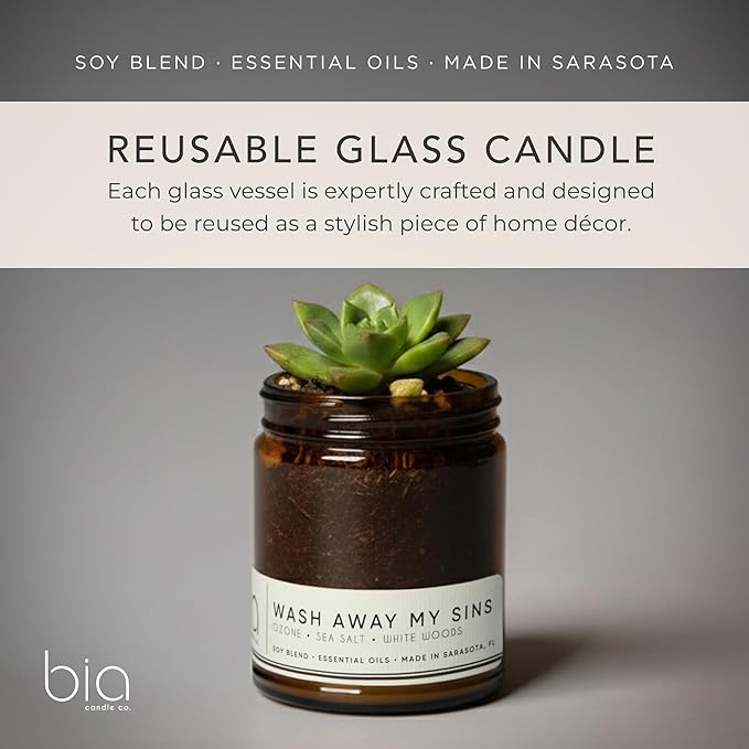Bia Candle Co Soy Blend Candle, Himalayan Sea Salt, Ozone & Lily of The Valley – Clean Long Burn, Lead-Free Wick, Fresh Linen Aroma, Handmade in USA – Wash Away My Sins Scent, 7 oz