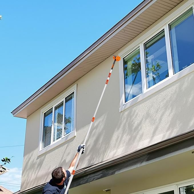 4-24 Foot Window Washing Kit with Extension Pole, Long Window Squeegee with Microfiber Scrubber, Window Cleaner Tool for Ceiling Fan, Furniture, Home (Feather Duster & Ceiling Fan Duster)