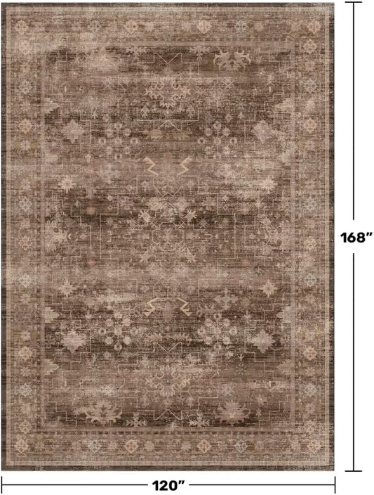 Brown Rug for Living Room 10x14 - Extra Large Vintage Western Unique Neutral Taupe, Washable Low Pile Non-Slip Soft Thin Area Rug for Dining Under Table, Bedroom Under Bed, Home Office