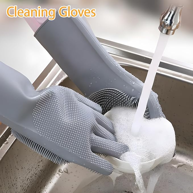 2 pairs Silicone Dishwashing & Pet Grooming Gloves - 2-in-1 Heat Resistant Gloves with High-Density Teeth, Enhanced Five Finger Design for Bathing, Cleaning Dishes, Cars, Dogs & Cats (Gray)