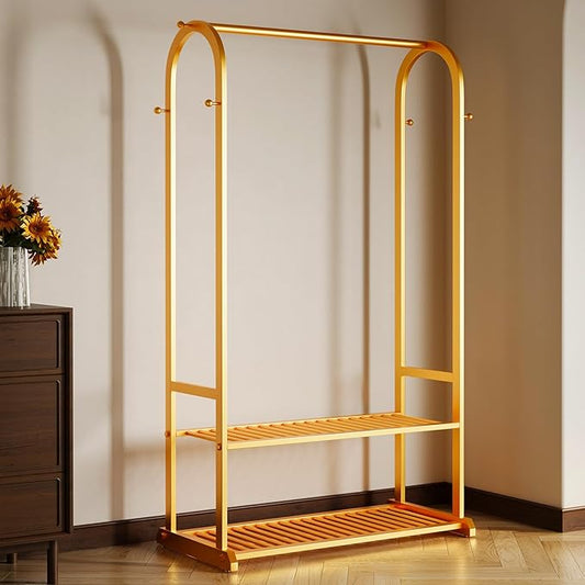 Sturdy heavy duty clothes rack,gold clothing rack with bottom shelves and 6 side hooks,Metal garment rack for hanging clothes for Bedroom