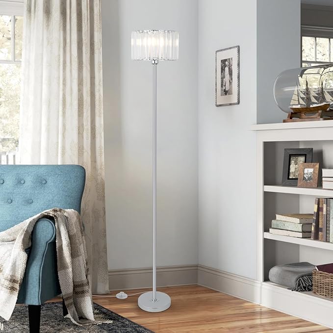 HMVPL Crystal Floor Lamp, Chrome Pole Floor Lamp with K9 Crystal Shade, Silver Standing Lamp with On/Off Switch, Modern Corner Tall Lamp for Living Room Bedroom Nursery Office Home Decor