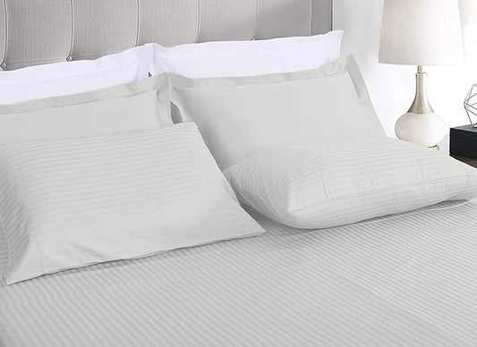 Threadmill 100% Cotton Sheets for Full Size Bed - 600 Thread Count Full Bed Sheets Set with 16” Deep Pocket - Damask Stripe Sateen Weave 4-Piece Bedding Set with Cooling Effect, Light Grey