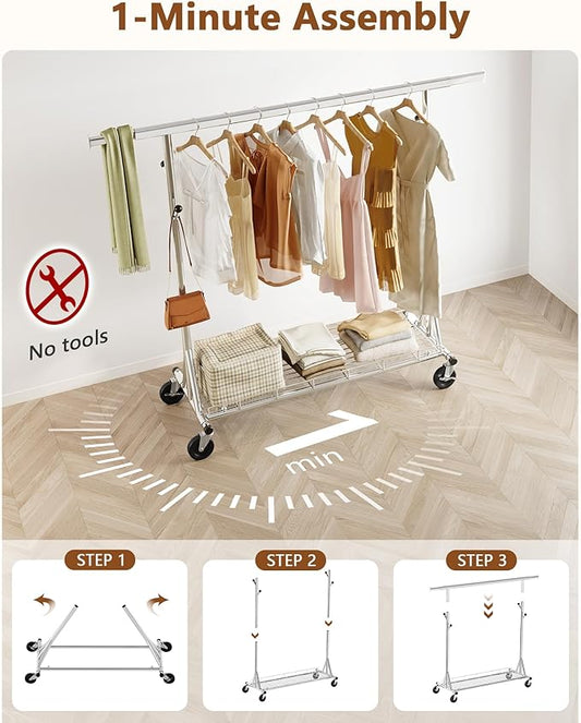 Hoctieon 1-Minute Assembly Clothes Rack, 480 lbs Heavy Duty Rolling Clothing Racks with Wheels, Foldable Garment Rack, Extendable Hanging Bar, Adjustable Metal Pole with Hooks, Chrome