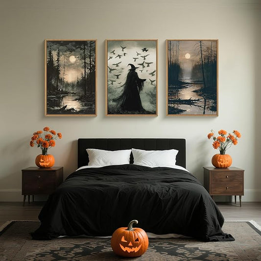 HLNIUC Large Halloween Decor Indoor, Witch Gothic Vintage Framed Wall Art 3pcs (16x24),Black Raven Dark Academia Pictures, Moody Moon Forest Spooky Canvas Painting for Living Room, Bedroom, Office