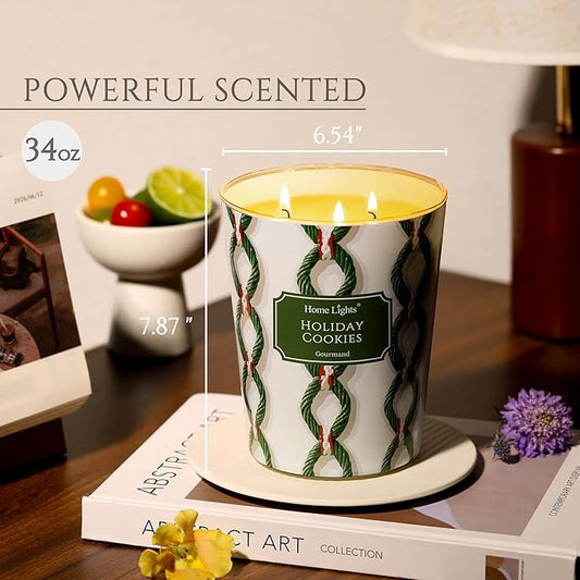 HomeLights Scented Candles | Large Jar 34 Oz Natural Soy Candle | 130 hrs Long-Lasting with 3 Wicks | Rustic Modern Home Decor | Gifts for Mom & Women, Holiday Cookies