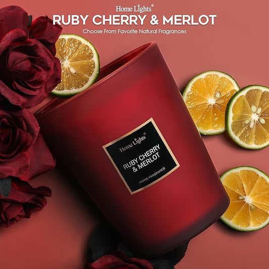 HomeLights Scented Candles - Large Jar Aromatherapy, Natural Soy Wax, 130 Hour Long Burning, Ruby Cherry & Merlot