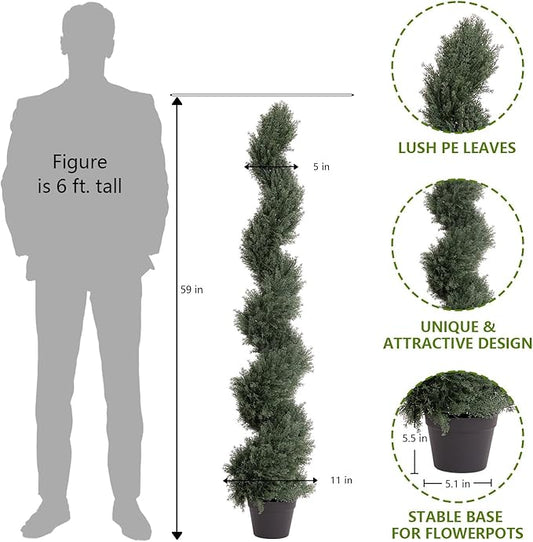THE BLOOM TIMES 5ft Spiral Artificial Topiary Trees Set of 2, Faux Cedar Trees for Outdoor Planters - Fake Twist Cypress Plants for Garden Front Porch Indoor Outside Christmas Decor 5 Foot