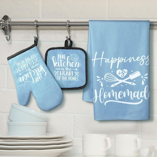 Sratte 6 Pcs Kitchen Decor Accessories Set Farmhouse Towels Pot Holders Oven Mitts Set 2 Dish Towels 2 Potholders 2 Cooking Mittens Oven Glove for Christmas Baking Cooking Supply(Light Blue,Kitchen)