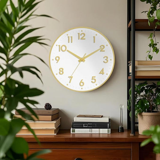 Mosewa Wall Clock 8 Inch, Battery Operated Silent Non-Ticking Modern Analog Clock Decorative for Kitchen, Bedroom, Office(White Gold)