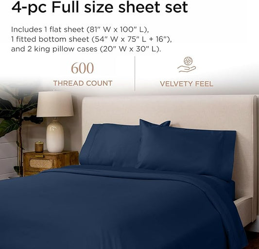 Threadmill 100% Cotton Sheets for Full Size Bed - 600 Thread Count Full Bed Sheets Set with 16” Deep Pocket - Sateen Weave 4-Piece Bedding Set with Cooling Effect, Folkstone Blue