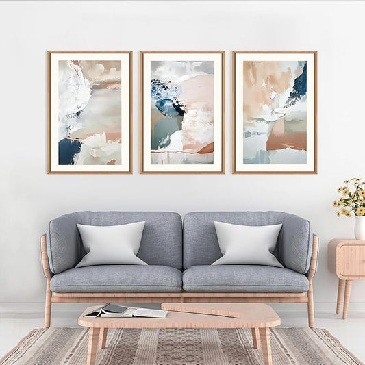 Large Abstract Brush Strokes Framed Canvas Wall Art,Neutral Navy Blue Wall Decor,Modern Pastel Wall Painting,Grey White Toned Artwork for Living Room,Bedroom,Dining Room,Office -24"x36"x3