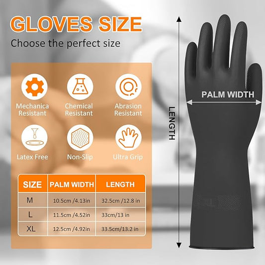 Beieverluck 10 Pairs X-Large Black Chemical Resistant Gloves, Heavy Duty Rubber Cleaning Gloves with Textured Grip and Extended Cuffs