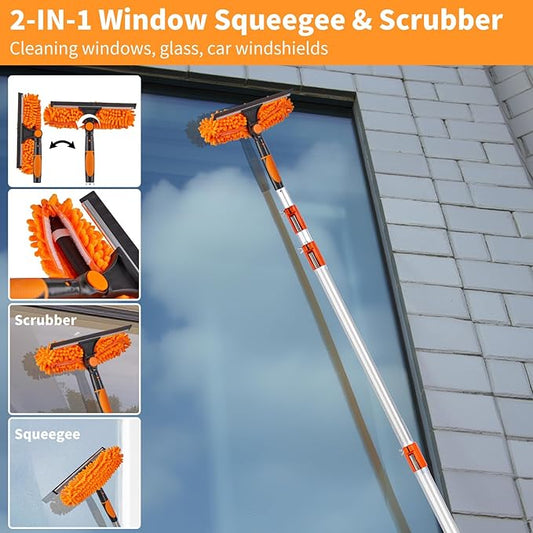 4-24 Foot Window Washing Kit with Extension Pole, Long Window Squeegee with Microfiber Scrubber, Window Cleaner Tool for Ceiling Fan, Furniture, Home (Feather Duster & Ceiling Fan Duster)
