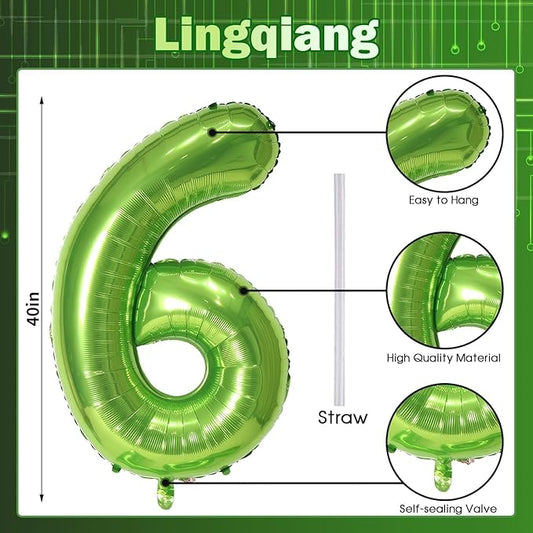 Green Number Balloons, 40inch Large Number 6 Foil Mylar Helium Balloons for Girls Women, Self Inflating Number Balloons 0-9 for Men Boys 6th 16th 60th Birthday Anniversary Party Celebration Decoration