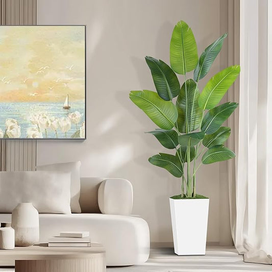 Lifelike Bird of Paradise Artificial Plant 7ft Faux Banana Leaf Tree with White Tall Planter for Home Decor - Perfect Indoor Silk Floor Plant for Living Room, Office, and Bedroom Ambiance Enhancement