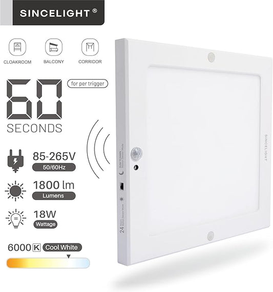SINCELIGHT PIR Motion Sensor 18W LED Ceiling Light (Square), Automatically ON/Off, Movement Activated, Dual Mode Turnable, Cool White 6000K, Surface/Flush Mount for Hallway,Porch, Pack of 1