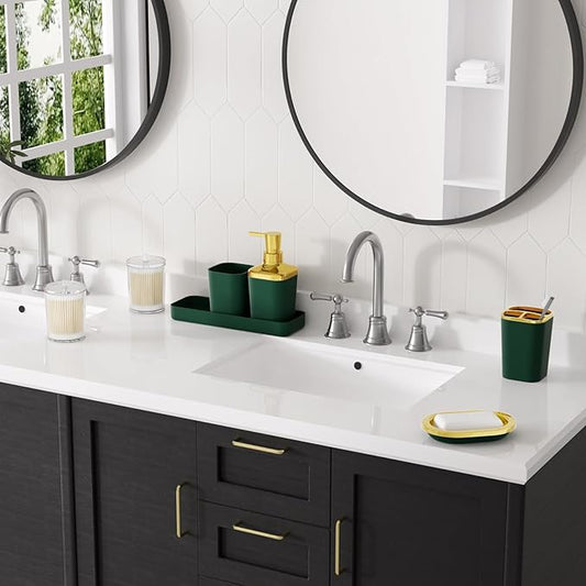 Dark Green Bathroom Accessories Set, Green and Gold Bathroom Accessories with Trash Can, Soap Dispenser, Soap Dish, Toothbrush Holder and Q-tip Holders