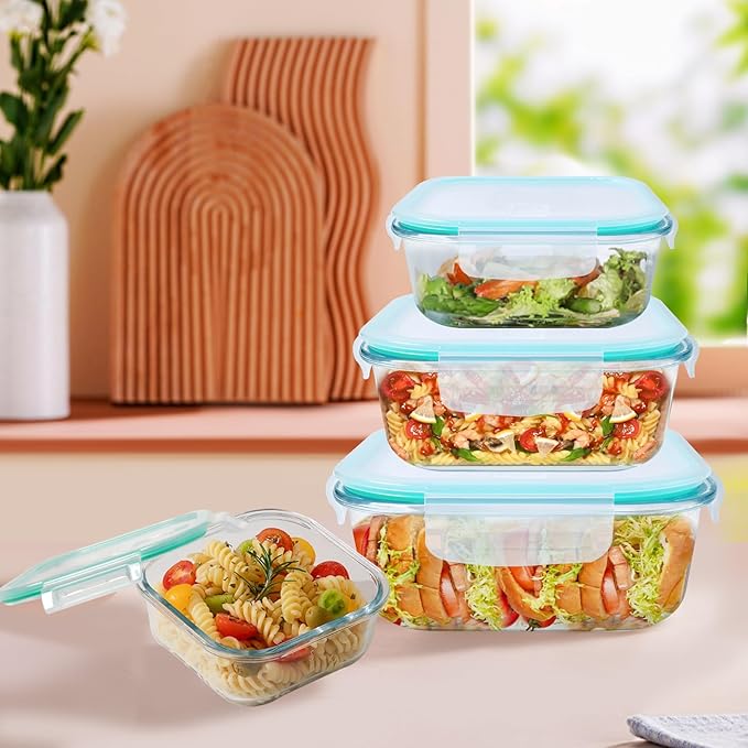 Meal Prep Boxes Glass Containers with Lid, Dishwasher Food Storage Containers with Lid, Microwave and Freezer Friendly, Leak-Proof (Light Green, 320+520+800+1200ml)