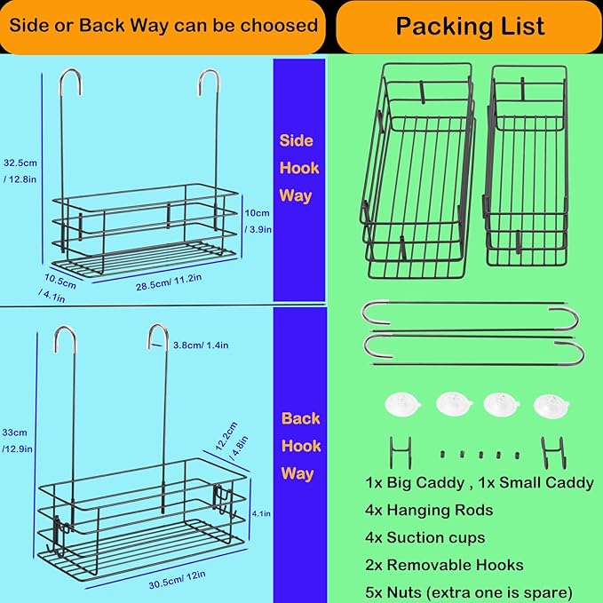 2pcs Single-Layer Shower Caddy Hanging Shower Orangizer Stainless Steel Shower Rack with Hooks Over The Door, Shampoo Basket Storage (Black)