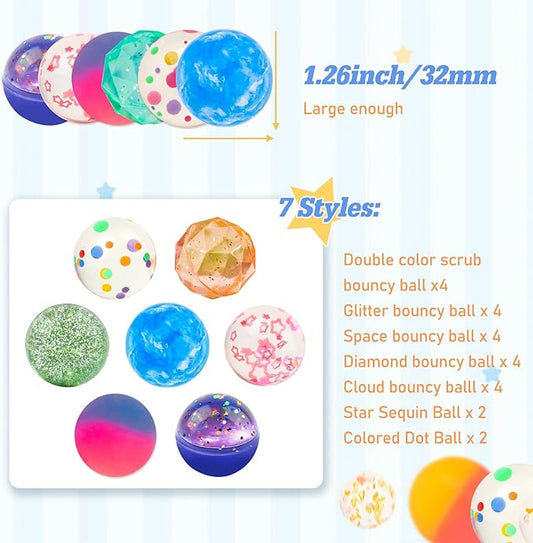 Bouncy Balls for Kids 24 Pieces 7 Styles 32 mm Assorted High Bouncing Balls Toys for Birthday Parties, Party Favors and Gifts Classroom
