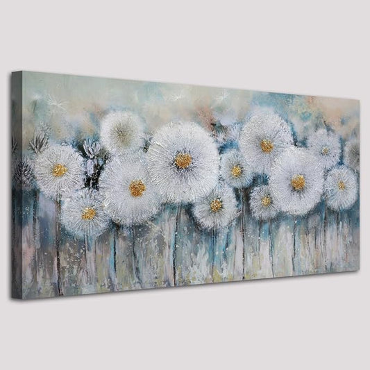 Acocifi Floral Canvas Wall Art for Living Room Dandelion Picture Large Flower Bedroom Painting 60% Handmade Textured, Grey Vintage Artwork Framed for Dining Room Office Home Decor 40"x20"