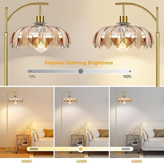 Arc Floor Lamp for Living Room Gold Floor Lamp with Remote Control,Dimmable Floor Lamps Glass Lamp Shades Vintage Standing Lamp with 3 Color Temperature Tall Flower Lamps for Bedroom
