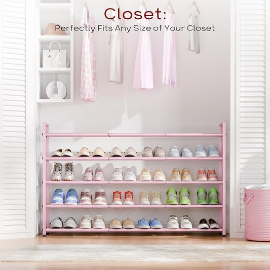 Bumusty 5-Tier Long Expandable Shoe Rack for Closet, 18"-44" Adjustable Shoe Rack for Entryway, 25-30 Pairs Large Shoe Organizer Shelf Storage, Sturdy Metal, Pink