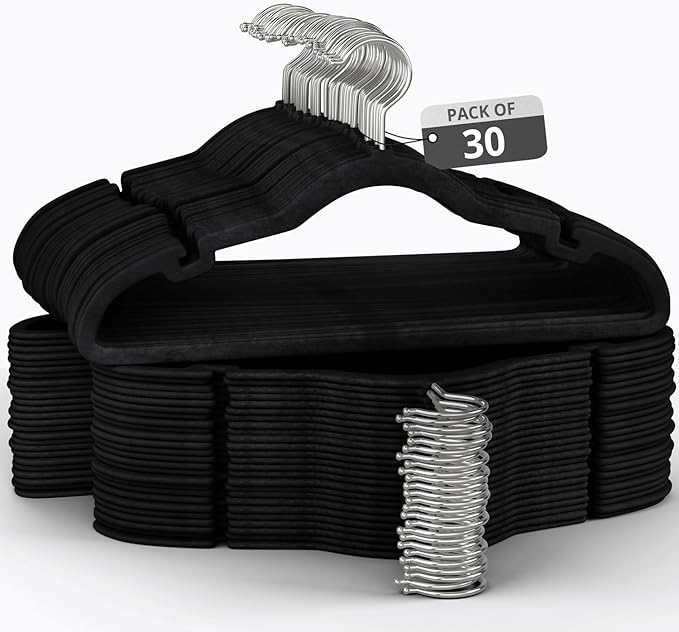 30 Pack Velvet Hanger for Shirt Pants Dresses Skirts Suits Jackets - Slim Space Saving Design - Standard Coat Hanger - Sturdy & Durable Design with Shoulder Grooves Hook - Black