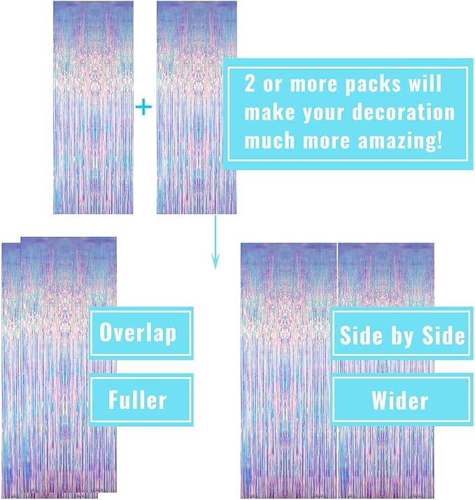 GOER 3.2 ft x 6.5 ft Metallic Tinsel Foil Fringe Curtains Photo Backdrop Party Streamers for Mermaid Birthday Party Decorations(3 Packs,Neon Blue)