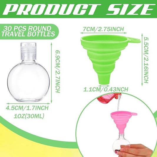 30 Pcs 1 oz Round Sanitizer Bottle Circle Plastic Mini Clear Empty Hand Sanitizer Bottles with Foldable Funnels Portable Reusable Containers for Business Trip Outdoor Camping Shampoo Liquid