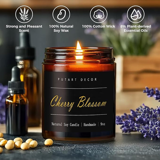 Cherry Blossom Highly Scented Candle for Home, 9oz Natural Soy Aromatherapy Non Toxic Candles with Essential Oil, Home Fragrance Stress Relief & Meditation Jar Candles Gifts for Women & Men