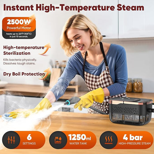 Steam Cleaner, 2500W Pressurized Heavy Duty Handheld Steamer with 1.32QT Tank & 10 Attachments – for Kitchen, Bathroom, Car, Floors, Tile, Furniture, Couch, Windows (Black/Gold)