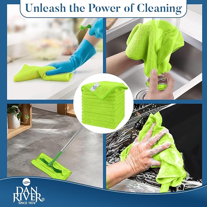 DAN RIVER 24-Pack Green Microfiber Towels โ Ultra Absorbent, Lint-Free & Streak-Free Cleaning Cloths for Home, Car & Kitchen - Must-Have Cleaning Essentials - 12" x 12"