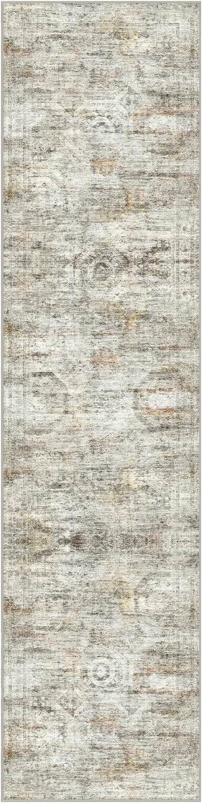 Kitchen Runner Rugs Non Skid Washable - 2.5 x 10 Runner Rug with Anti Slip Backing, Ultra-Thin Soft Rug Runner for Hallway, Bedroom, Living Room (2'x10', Grey/Rust)