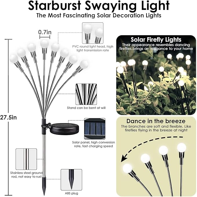 OZS 10 Pack Total 80 LED Solar Garden Lights Fairy Outdoor - Solar Firefly Lights Outdoor, Sway by Wind, Waterproof for Garden Patio Pathway Fairy Decoration (Cool White)