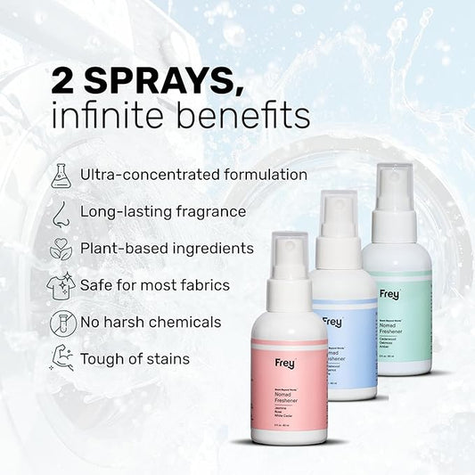 Frey Fabric Freshener Spray – Pack of 3 | Linen Spray Deodorizer for Laundry | Cedarwood, Sandalwood, Jasmine Rose | 2oz Bottles
