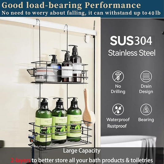 Shower Organizer Hanging Shower Caddy with Rotatable Hook bar Over the Door and Can be Hung on the Faucet or Claw Foot, Stainless Steel Rust Proof and Durable (Black)