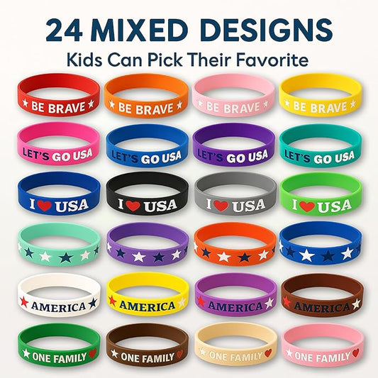 Kids Bracelets Silicone Wristbands: 24 Pack USA Theme Classroom Rewards Birthday Party Favors & School Spirit Day Gifts for Elementary Students