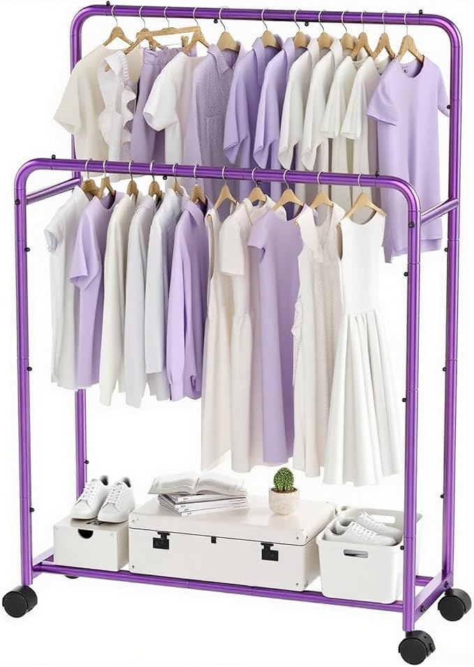 Simple Trending Clothing Clothes Rack Double Rods with Wheels, Rolling Metal Garment Rack for Hanging, Purple