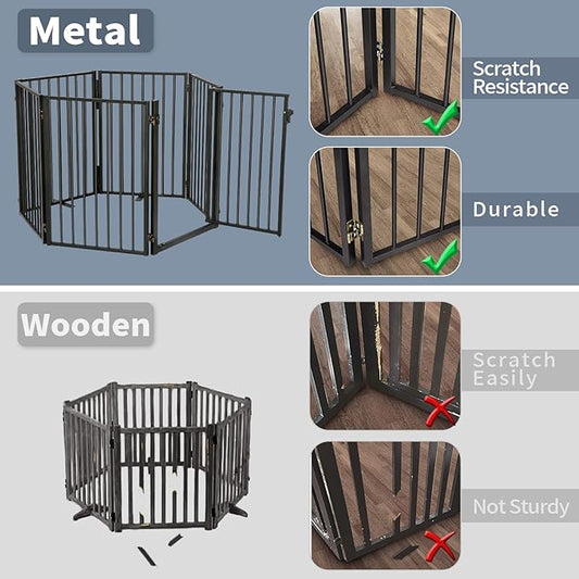 Metal Freestanding Dog Gates with Door for Outdoor Indoor,160'' Extra Wide 32'' Tall Free Standing Dog Gate for Doorways,Large Openings,Deck,Yard,Porch,Foldable Pet Fence(Black,8 Panels)