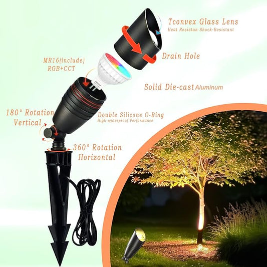 RGB Low Voltage Landscape Lights, 12V Color Changing Outdoor Spot Lights, Waterproof LED Garden Lighting for Yard/Pathway/Pool, Smart Landscape Spotlights