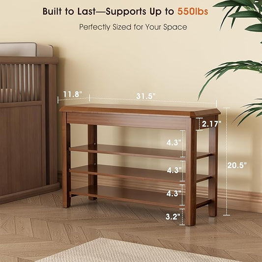 Shoe Rack Bench Seat Rubberwood 3-Tier Wooden Storage Bench 550lbs Compact Mid-Century Modern Design for Entryway, Hallway, Closet, Front Door Entrance, Foyer