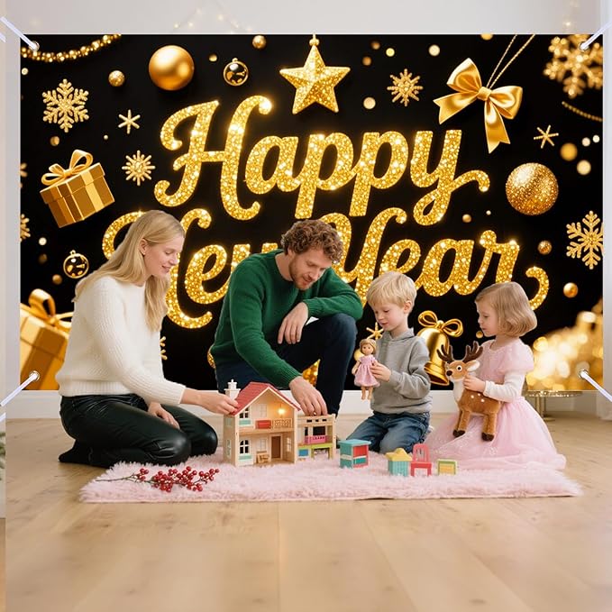 Nuxovilar Happy New Year Banner, Golden Opulent Elements Backdrop for Party Decorations, 71x43 Inch