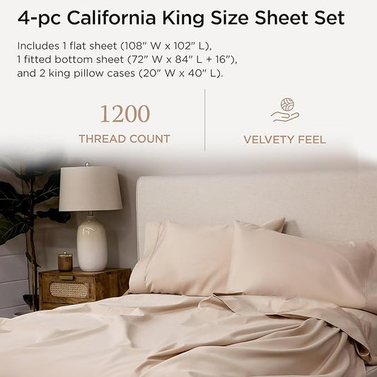 Threadmill Supima Cotton Sheets - 1200 Thread Count, 100% Cotton, Cal King Size, 4 Pc Beige Set, 5-Star Hotel Quality with Elasticized Deep Pocket