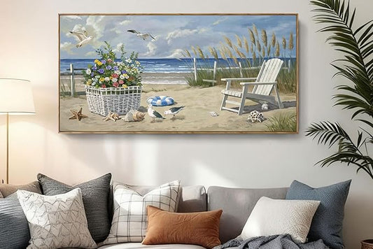 ARTZON Sea Landscape Wall Art – Large Framed Seaside Seashell Starfish Flower Basket Beach Scene Canvas Painting Horizontal Prints Picture for Dorm, Hallway, 48x24 Inch