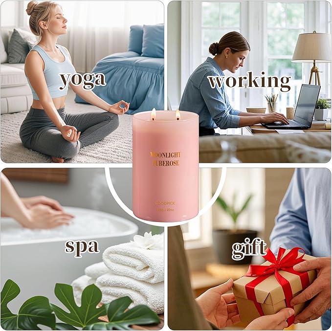 Goodpick Candles for Women, Tuberose Soy Candles for Home Scented, Large Candle for Warmer Lamp, 22oz 120 Hour, Pink